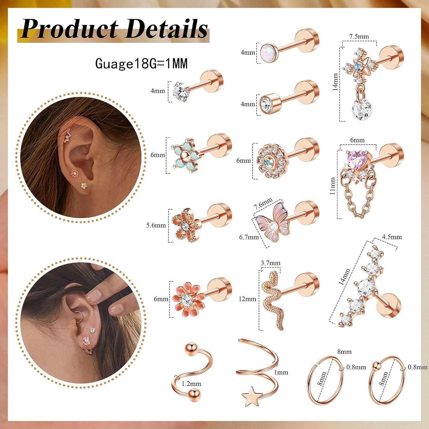 ORAZIO 18PCS Cartilage Stud Ea - Body Jewelry For Sensitive Skin 评论和价格