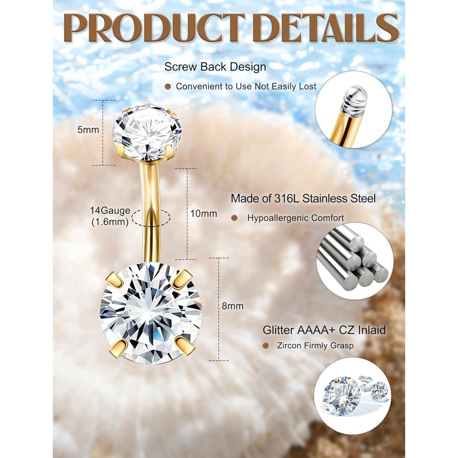 FASACCO 1pc 14G Belly Button R - Body Jewelry For Sensitive Skin 评论和价格